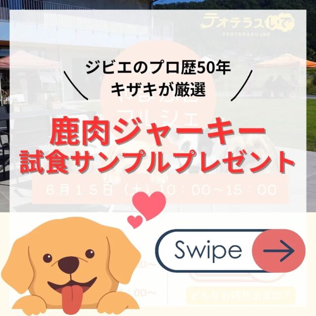 【鹿肉ジャーキープレゼント🎁】
やまぶきマルシェにて
鹿肉ジャーキーの試食サンプルをプレゼント！
ぜひワンちゃんと一緒に遊びに来てね♫

他にもたくさんのブースがあるので、
１日中楽しめるイベントです！
詳しくはテオテラスいで( @teoterasuide )をチェック！

日時：6月15日㈯10時〜15時

場所：テオテラスいで
(京都府綴喜郡井手町井手東高月８番地)

************************

ジビエ肉のプロ歴５０年のキザキが厳選した【鹿肉ドッグフードブランド】
京都の大自然の中で育った鹿のみを使用。
熟練した猟師が狩猟してすぐに血抜きをするので、新鮮さに自信があります。
本能をくすぐる肉肉しい香りで食欲UP「高タンパク」「高鉄分」「低カロリー」で、健康維持をしっかりサポートします！

お問い合わせは
0774-78-4426
キザキ食品株式会社まで♫

************************

#鹿肉
#鹿肉ジャーキー
#鹿肉ドッグフード
#無添加ドッグフード
#無着色ドッグフード
#ドッグフード
#dogfood
#ジビエ
#犬好きさんとつながりたい
#イヌスタグラム
#いぬスタグラム
#テオテラスいで
#テオテラス
#やまぶきマルシェ